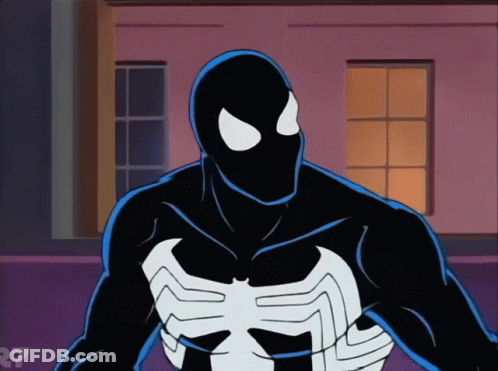 A Cartoon Of A Man In A Black And White Spiderman Suit With A R7 Logo In The Corner GIF