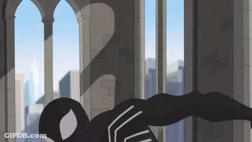A Cartoon Of A Man In A Black Spiderman Suit Flying Through The Air GIF