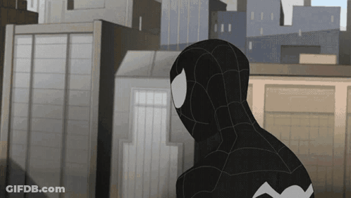 A Cartoon Of A Man In A Black Spiderman Suit GIF