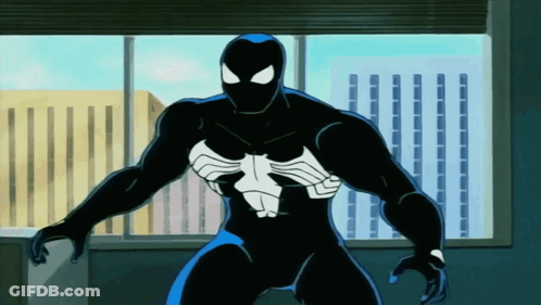 A Cartoon Of A Man In A Black Spiderman Suit Standing In Front Of A Window GIF