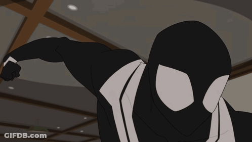 A Cartoon Of A Man In A Black Suit With A White Spider On It GIF