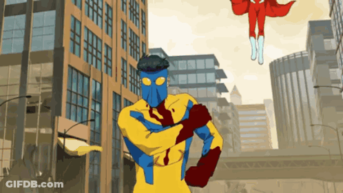 A Cartoon Of A Man In A Blue And Yellow Superhero Costume GIF