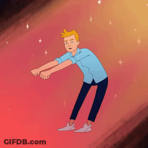 A Cartoon Of A Man In A Blue Shirt And Black Pants Standing On A Red Surface . GIF