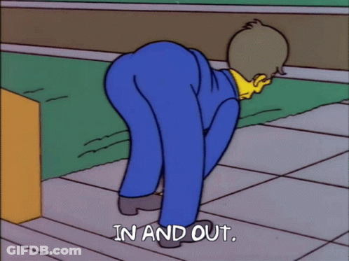 A Cartoon Of A Man In A Blue Suit With The Words In And Out Below Him GIF