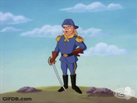 A Cartoon Of A Man In A Blue Uniform Holding A Sword With The Words In2tv Below Him GIF