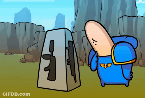 A Cartoon Of A Man In A Blue Uniform Standing Next To A Gun GIF