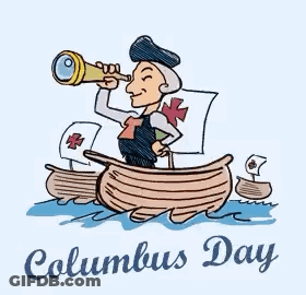 A Cartoon Of A Man In A Boat Looking Through A Telescope . GIF