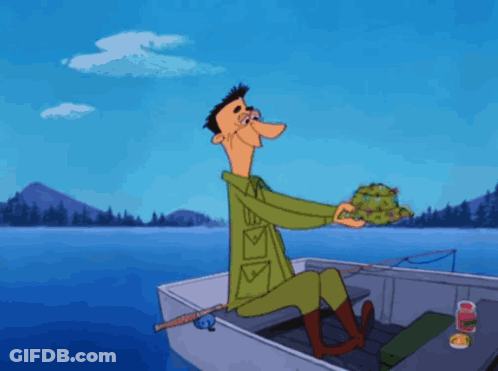A Cartoon Of A Man In A Boat With A Large Fish On His Head GIF