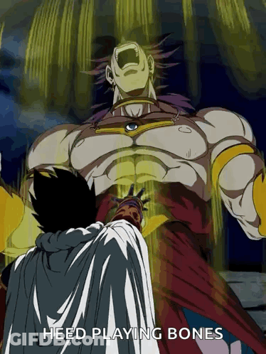 A Cartoon Of A Man In A Cape Standing In Front Of A Monster With The Words " Heed Playing Bones " GIF