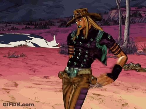 A Cartoon Of A Man In A Cowboy Hat Standing In A Desert GIF