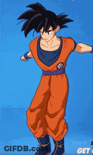A Cartoon Of A Man In A Dragon Ball Z Costume Is Standing On A Blue Background . GIF