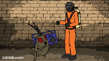 A Cartoon Of A Man In A Gas Mask Standing Next To A Bug Holding A Radio GIF