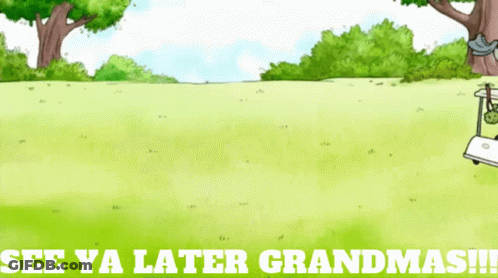 A Cartoon Of A Man In A Golf Cart With The Words See Ya Later Grandmas On The Bottom GIF