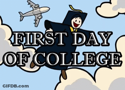 A Cartoon Of A Man In A Graduation Cap And Gown Flying In The Air With The Words First Day Of College Below Him GIF