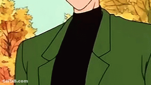A Cartoon Of A Man In A Green Jacket And Black Turtleneck . GIF