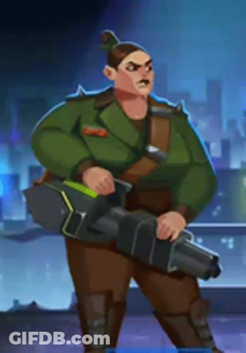 A Cartoon Of A Man In A Green Jacket Holding A Large Gun GIF