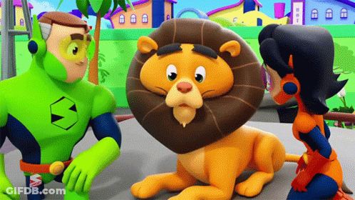 A Cartoon Of A Man In A Green Superhero Suit Talking To A Lion And A Woman In An Orange Superhero Suit GIF