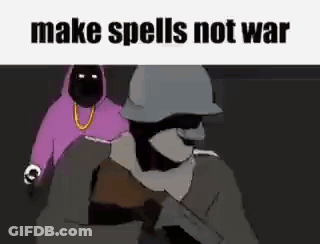 A Cartoon Of A Man In A Helmet With The Words `` Make Spells Not War '' Written Above Him . GIF