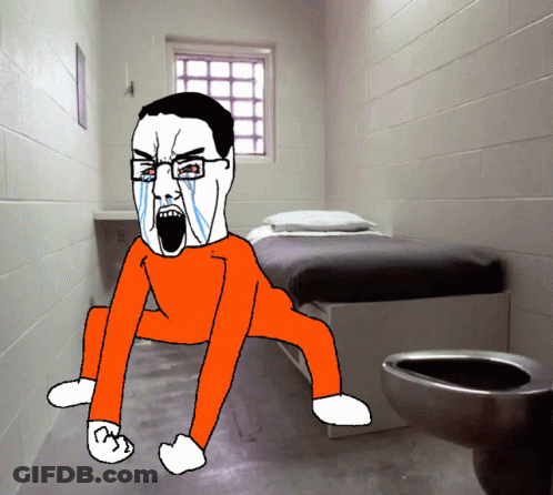 A Cartoon Of A Man In A Jail Cell With A Bed And A Toilet GIF