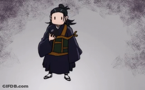 A Cartoon Of A Man In A Kimono Holding A Black Object GIF