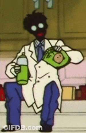 A Cartoon Of A Man In A Lab Coat Holding A Bag Of Food GIF