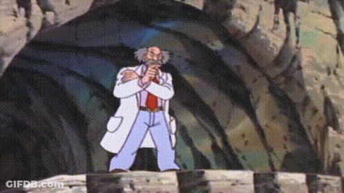 A Cartoon Of A Man In A Lab Coat Standing In Front Of A Cave . GIF