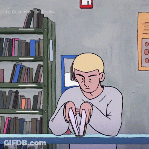 A Cartoon Of A Man In A Library With La Guarimba Film Festival Written On The Bottom Right GIF