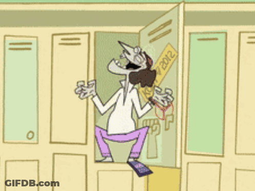 A Cartoon Of A Man In A Locker With A Sign That Says 2012 On It GIF