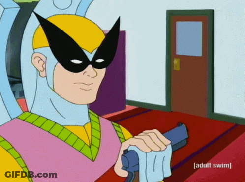 A Cartoon Of A Man In A Mask Holding A Gun With The Word Adult Swim Below Him GIF