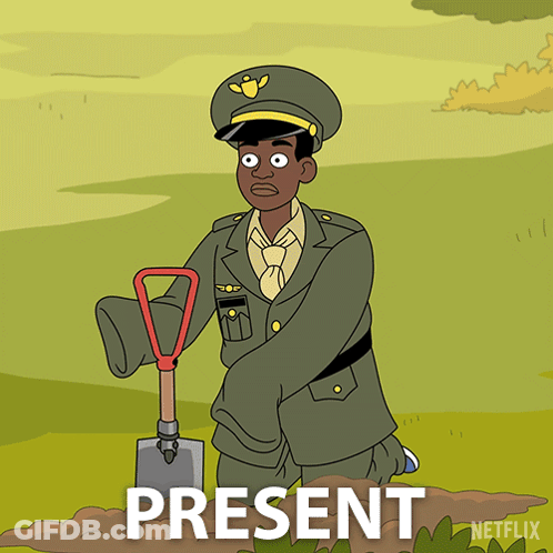 A Cartoon Of A Man In A Military Uniform Holding A Shovel With The Word Present Written Above Him GIF