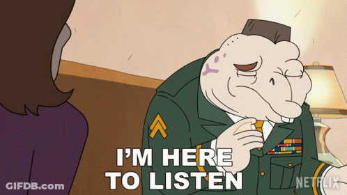 Cartoon Soldier Saying I'm Here To Listen GIF