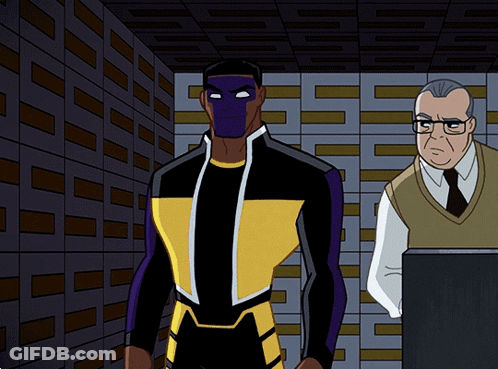 A Cartoon Of A Man In A Purple And Yellow Suit Standing Next To Another Man GIF
