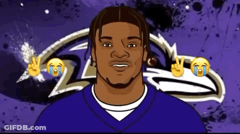 A Cartoon Of A Man In A Purple Jersey With Tears Coming Out Of His Eyes And A Peace Sign . GIF