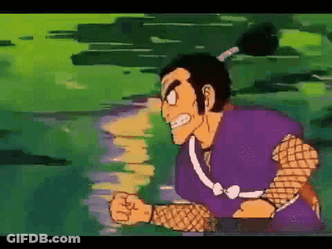 A Cartoon Of A Man In A Purple Shirt With A Ponytail GIF