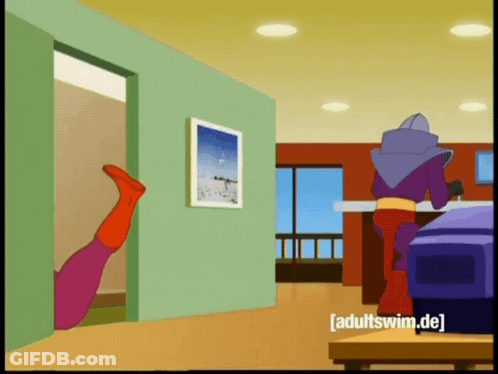 A Cartoon Of A Man In A Purple Superhero Costume With Adultswim.de At The Bottom GIF