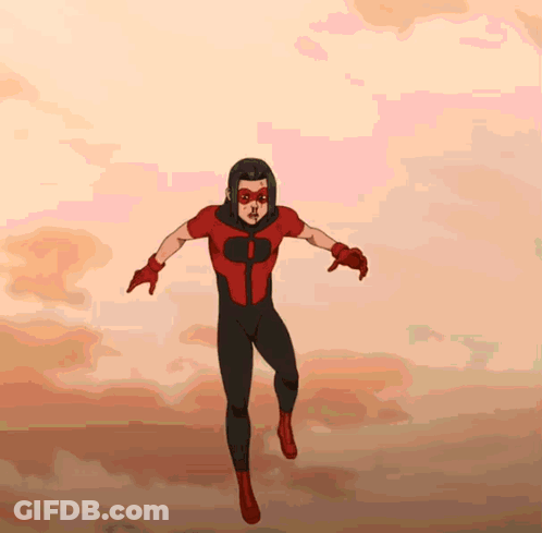 A Cartoon Of A Man In A Red And Black Superhero Costume Flying Through The Air GIF