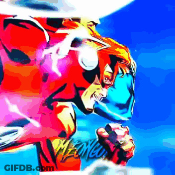 A Cartoon Of A Man In A Red And Blue Costume With A Blue Sky In The Background GIF