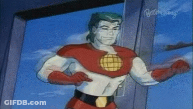 A Cartoon Of A Man In A Red And White Superhero Costume With The Word Young On The Bottom GIF