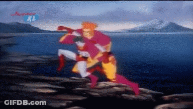 A Cartoon Of A Man In A Red Cape And A Woman In A White Cape With The Letters X On The Bottom GIF