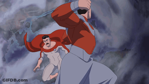 A Cartoon Of A Man In A Red Cape Fighting Another Man GIF