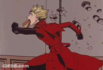 A Cartoon Of A Man In A Red Coat Running With His Tongue Hanging Out GIF
