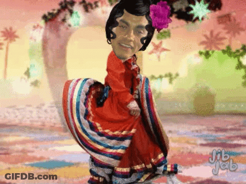 A Cartoon Of A Man In A Red Dress With A Flower In His Hair Is Titled Jib Jab GIF