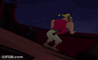 A Cartoon Of A Man In A Red Shirt Standing On A Roof At Night GIF
