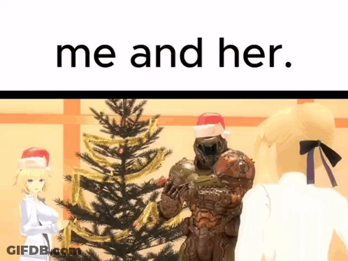 A Cartoon Of A Man In A Santa Hat Standing Next To A Christmas Tree With The Words Me And Her Above Him GIF