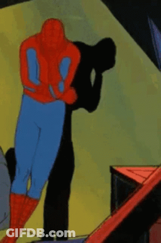 A Cartoon Of A Man In A Spiderman Costume Hugging Another Man In A Black Suit . GIF