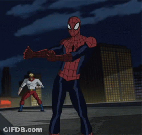 A Cartoon Of A Man In A Spiderman Costume Standing Next To Another Superhero GIF