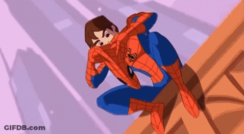 A Cartoon Of A Man In A Spiderman Suit Sitting On A Ledge GIF