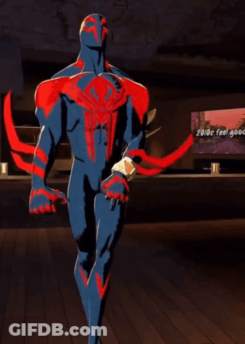 A Cartoon Of A Man In A Spiderman Suit With The Words Feel Good Mix On The Screen GIF