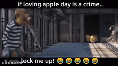 A Cartoon Of A Man In A Striped Shirt With The Words If Loving Apple Day Is A Crime Lock Me Up GIF