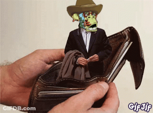 A Cartoon Of A Man In A Suit And Cowboy Hat Is Coming Out Of An Empty Wallet GIF